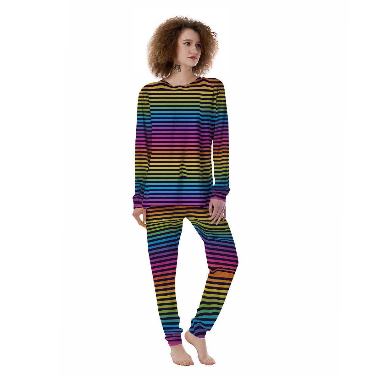 Striped Neon Rainbow Print Women's Pajamas-grizzshop