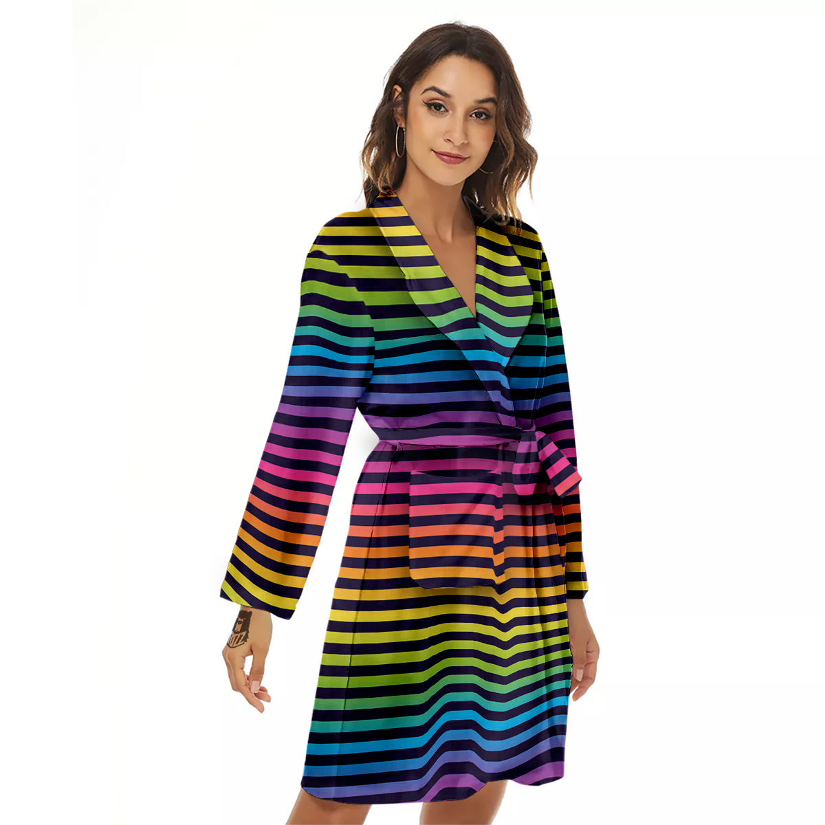 Striped Neon Rainbow Print Women's Robe-grizzshop