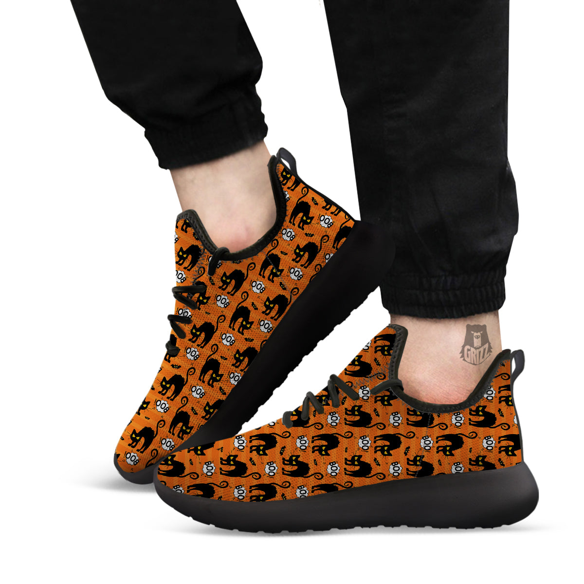 Striped Orange Black Cat Angry Print Pattern Black Athletic Shoes-grizzshop