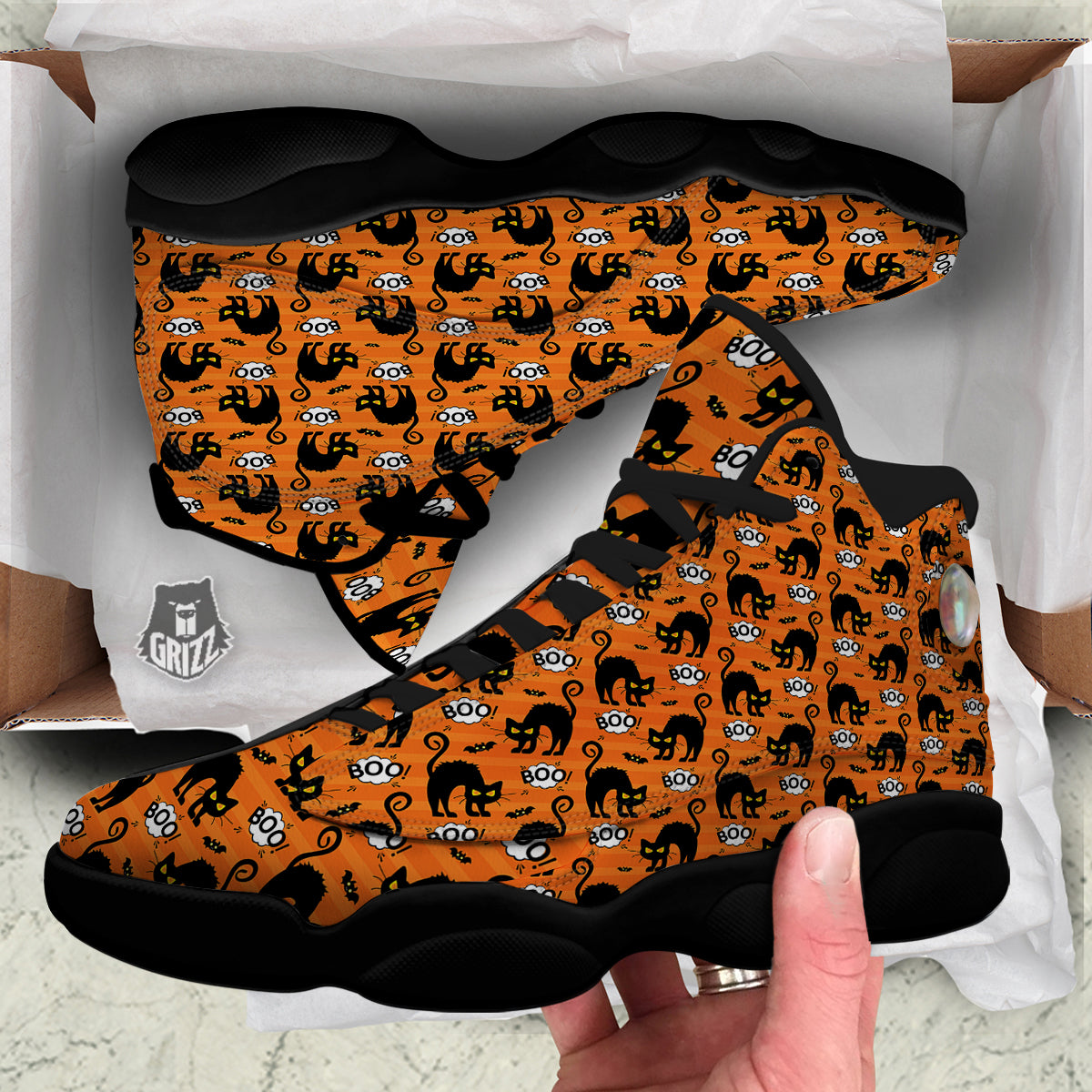Striped Orange Black Cat Angry Print Pattern Black Basketball Shoes-grizzshop