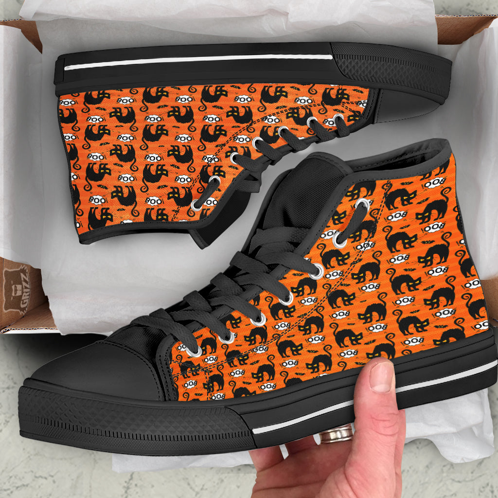 Striped Orange Black Cat Angry Print Pattern Black High Top Shoes-grizzshop