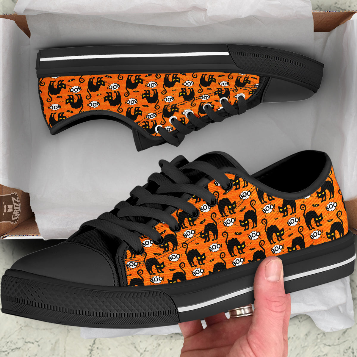 Striped Orange Black Cat Angry Print Pattern Black Low Top Shoes-grizzshop