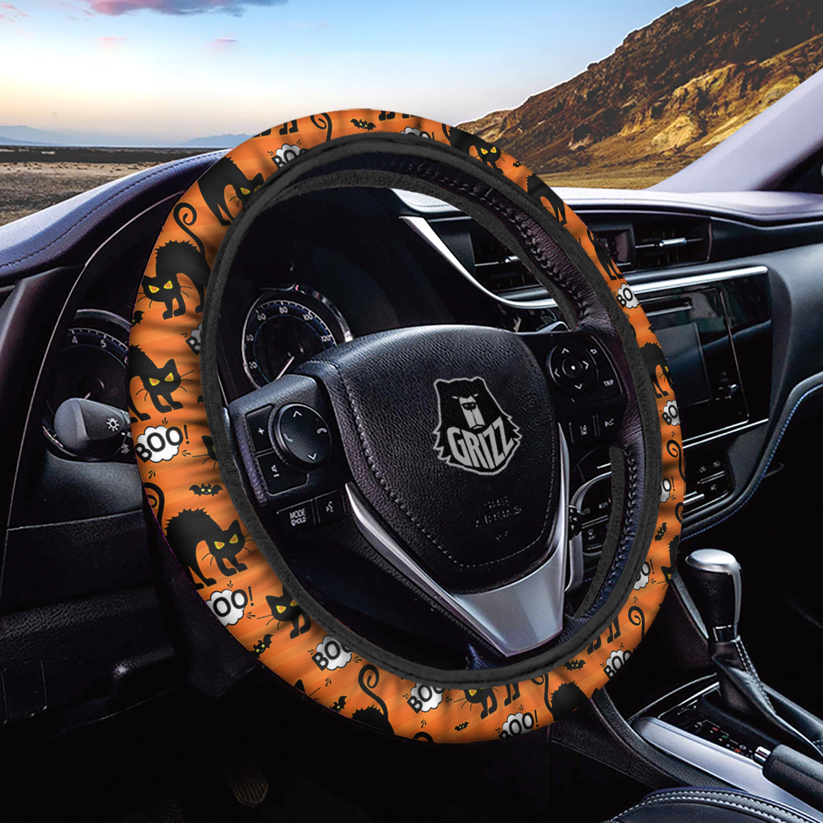 Striped Orange Black Cat Angry Print Pattern Car Steering Wheel Cover-grizzshop