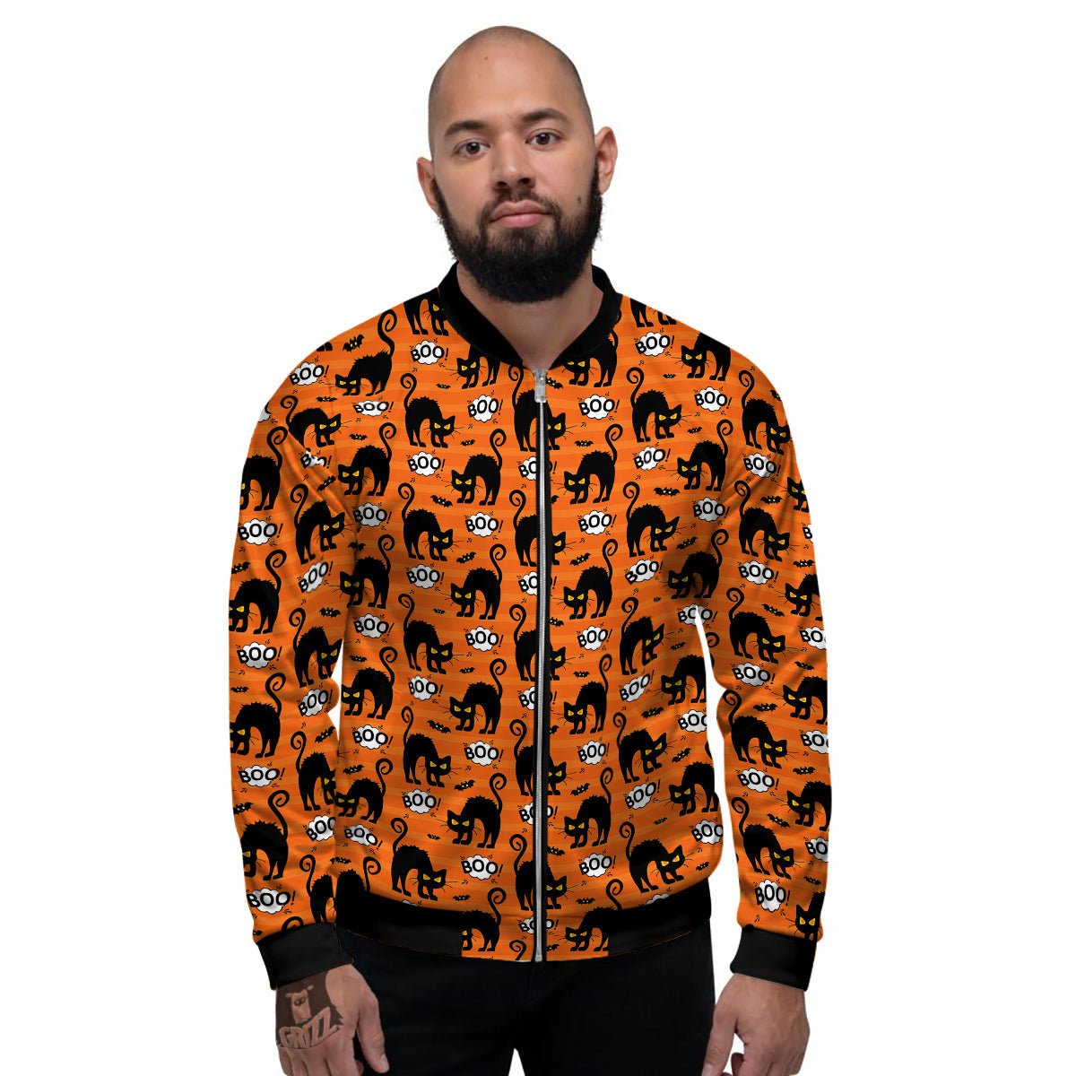 Striped Orange Black Cat Angry Print Pattern Men's Bomber Jacket-grizzshop