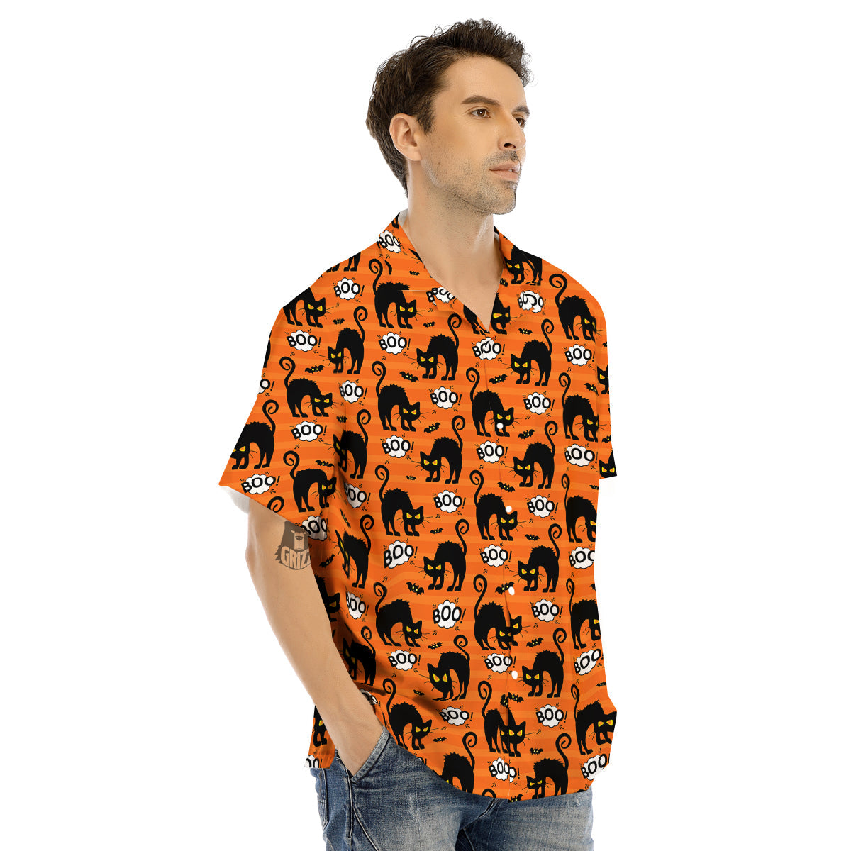 Striped Orange Black Cat Angry Print Pattern Men's Hawaiian Shirt-grizzshop