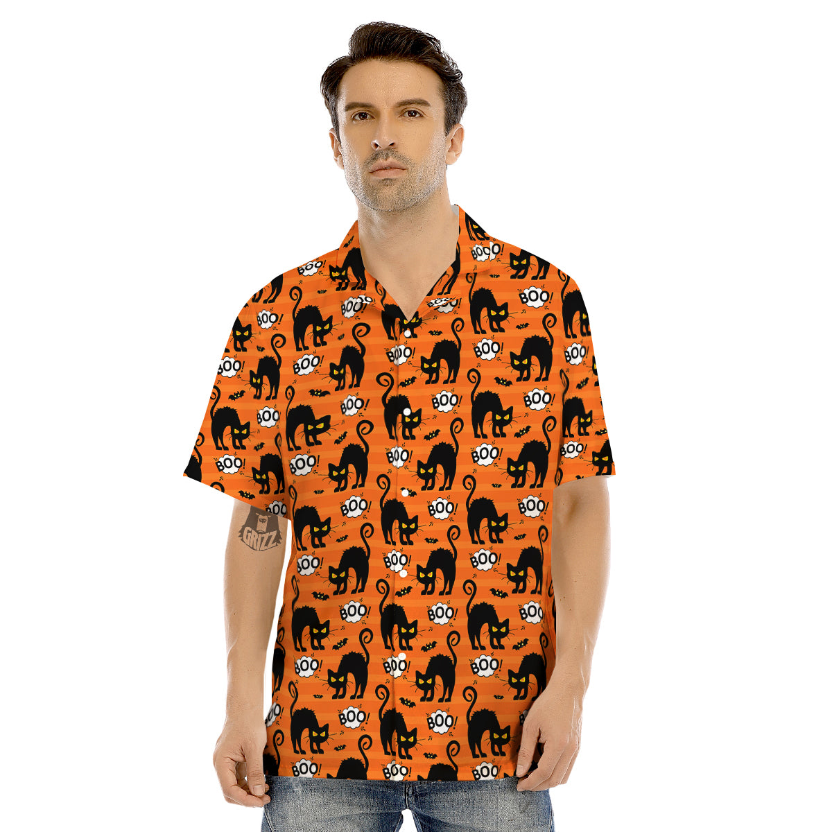 Striped Orange Black Cat Angry Print Pattern Men's Hawaiian Shirt-grizzshop