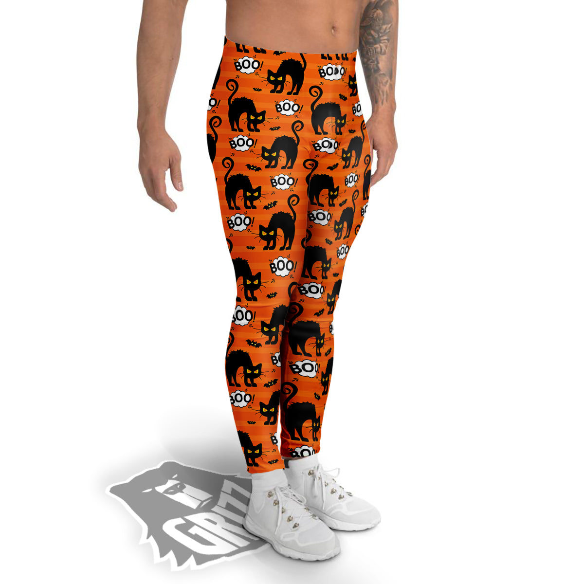 Striped Orange Black Cat Angry Print Pattern Men's Leggings-grizzshop