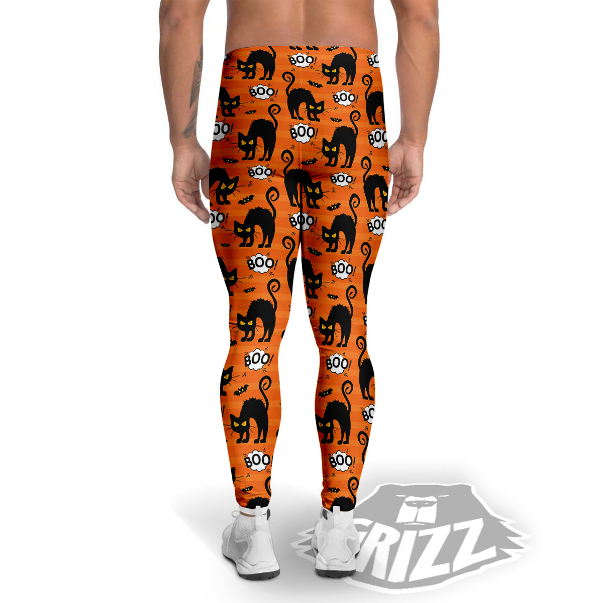 Striped Orange Black Cat Angry Print Pattern Men's Leggings-grizzshop