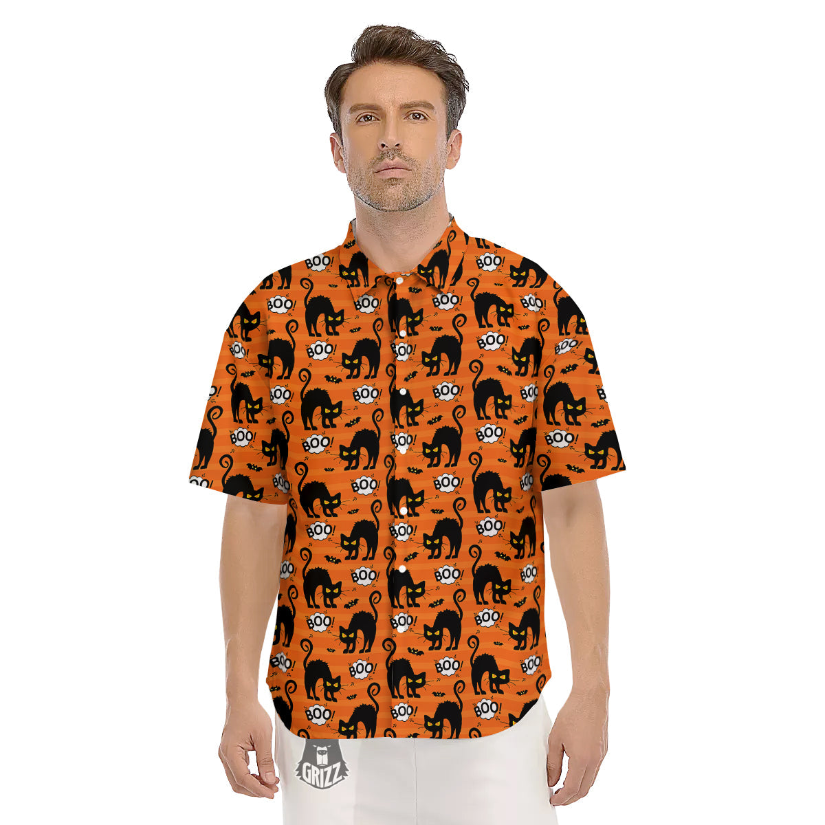 Striped Orange Black Cat Angry Print Pattern Men's Short Sleeve Shirts-grizzshop