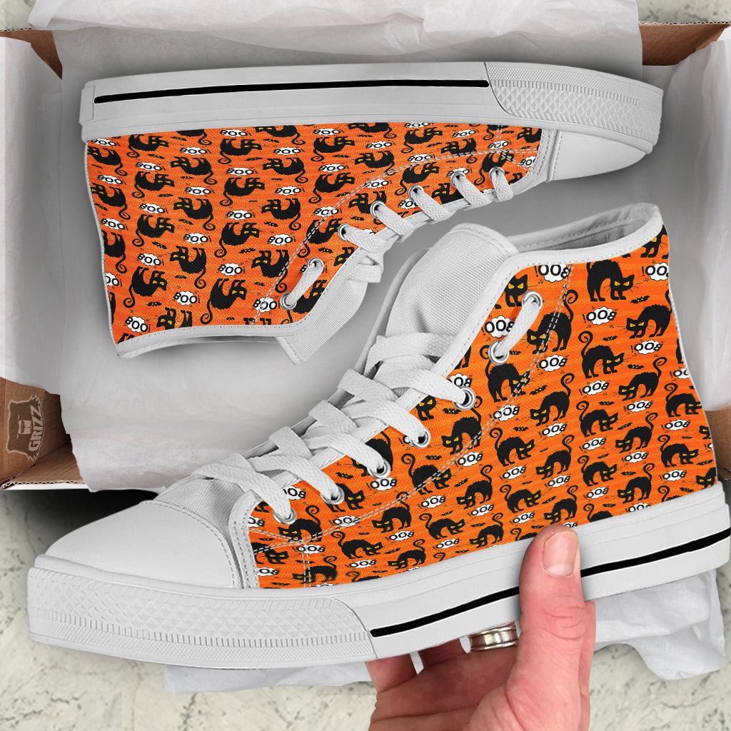 Striped Orange Black Cat Angry Print Pattern White High Top Shoes-grizzshop