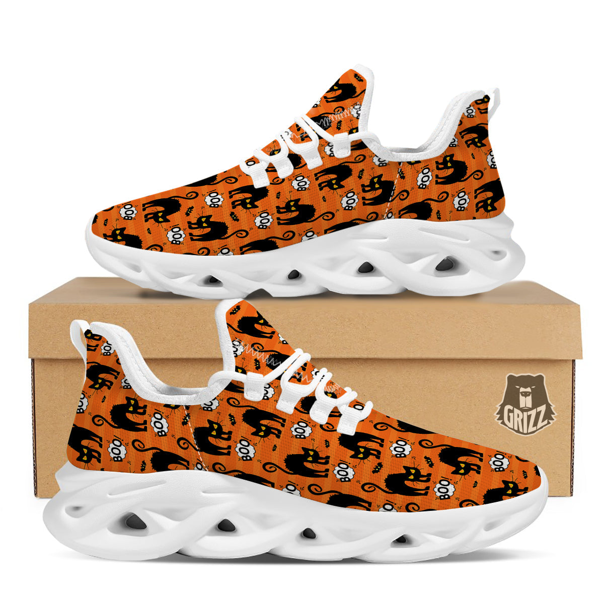 Striped Orange Black Cat Angry Print Pattern White Running Shoes-grizzshop