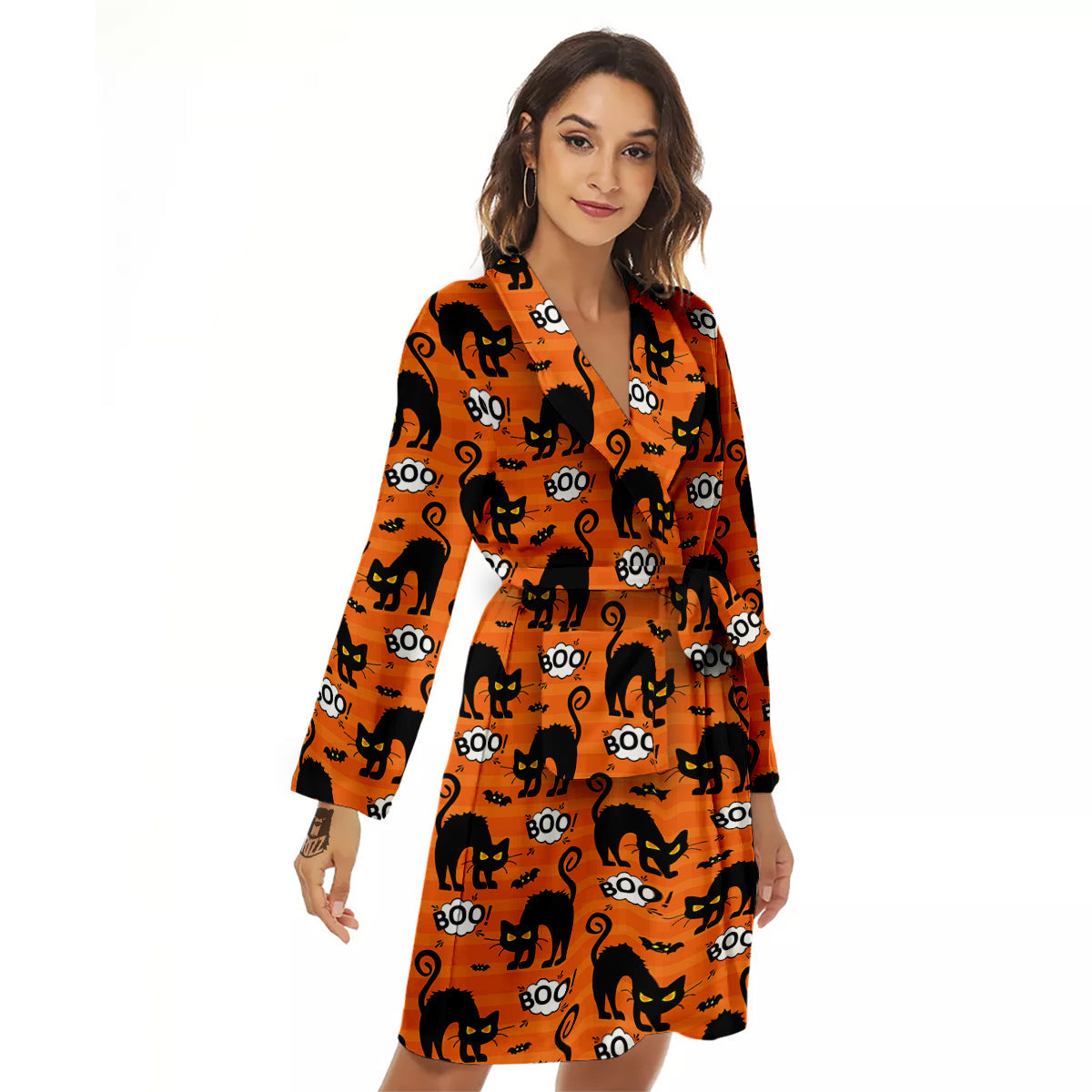 Striped Orange Black Cat Angry Print Pattern Women's Robe-grizzshop