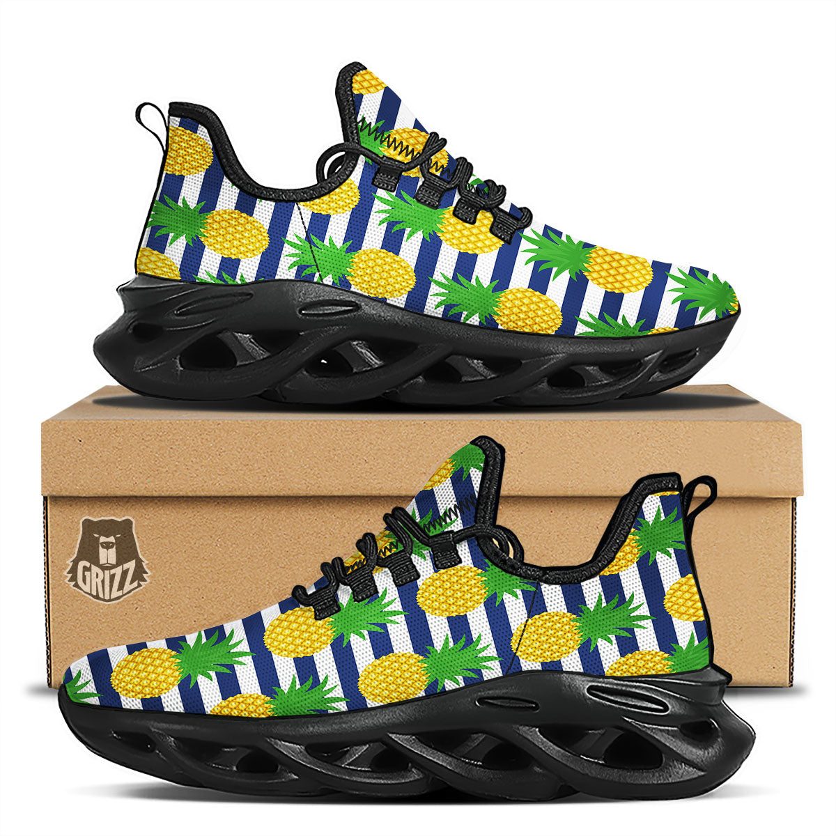 Striped Pineapple Print Pattern Black Running Shoes-grizzshop