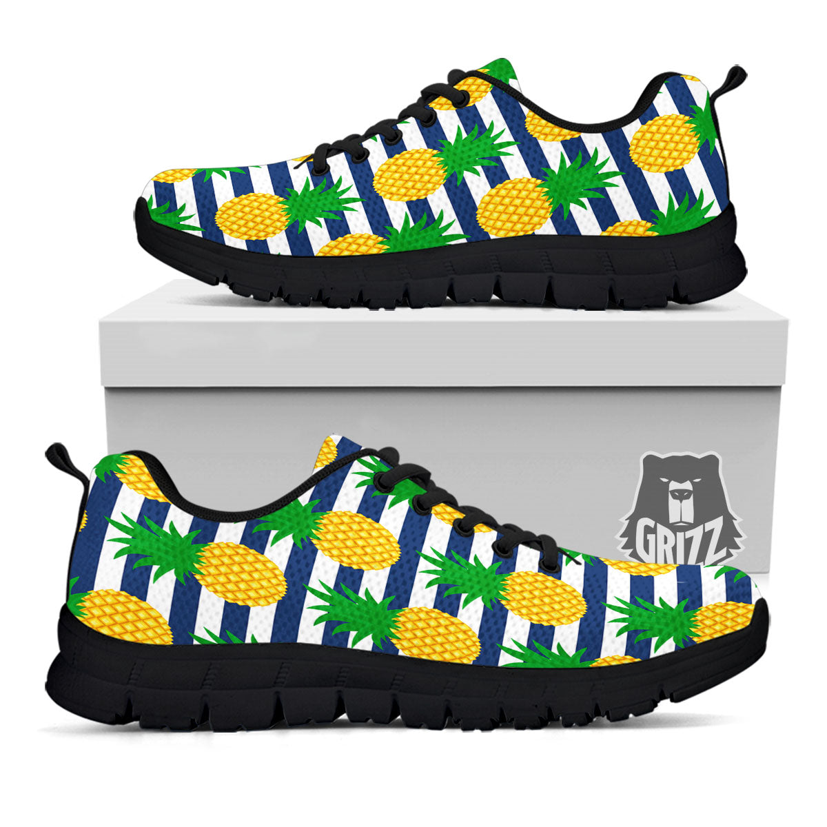 Striped Pineapple Print Pattern Black Sneaker-grizzshop