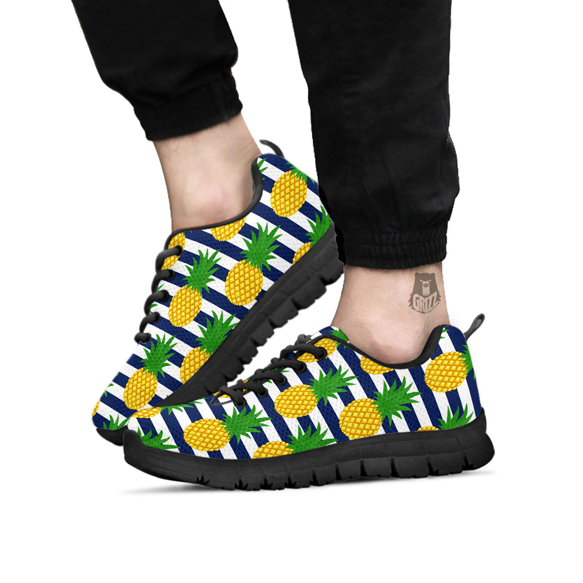 Striped Pineapple Print Pattern Black Sneaker-grizzshop