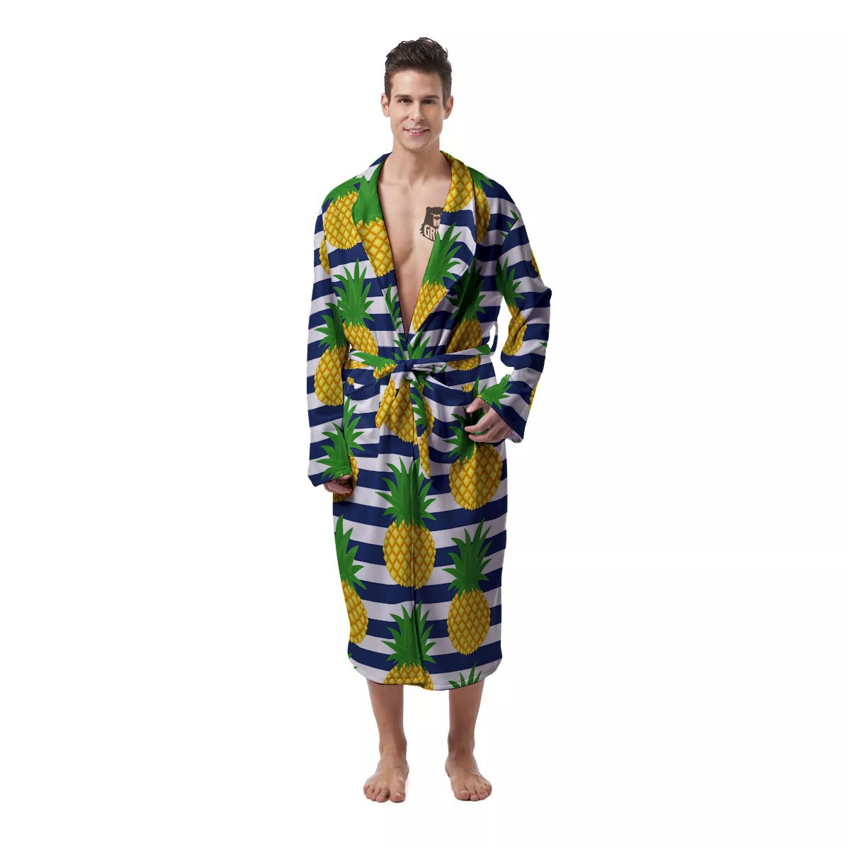 Striped Pineapple Print Pattern Men's Robe-grizzshop