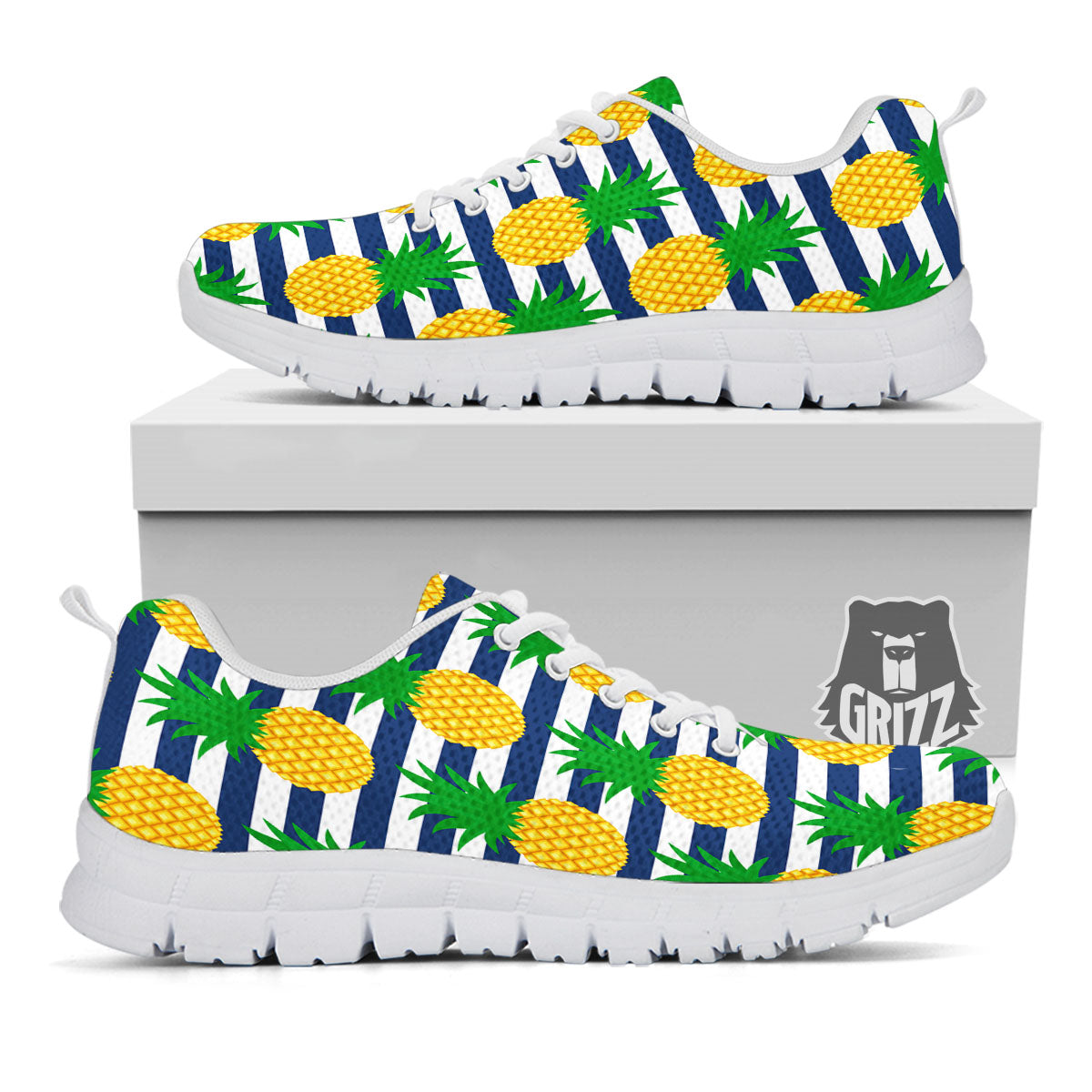 Striped Pineapple Print Pattern White Sneaker-grizzshop