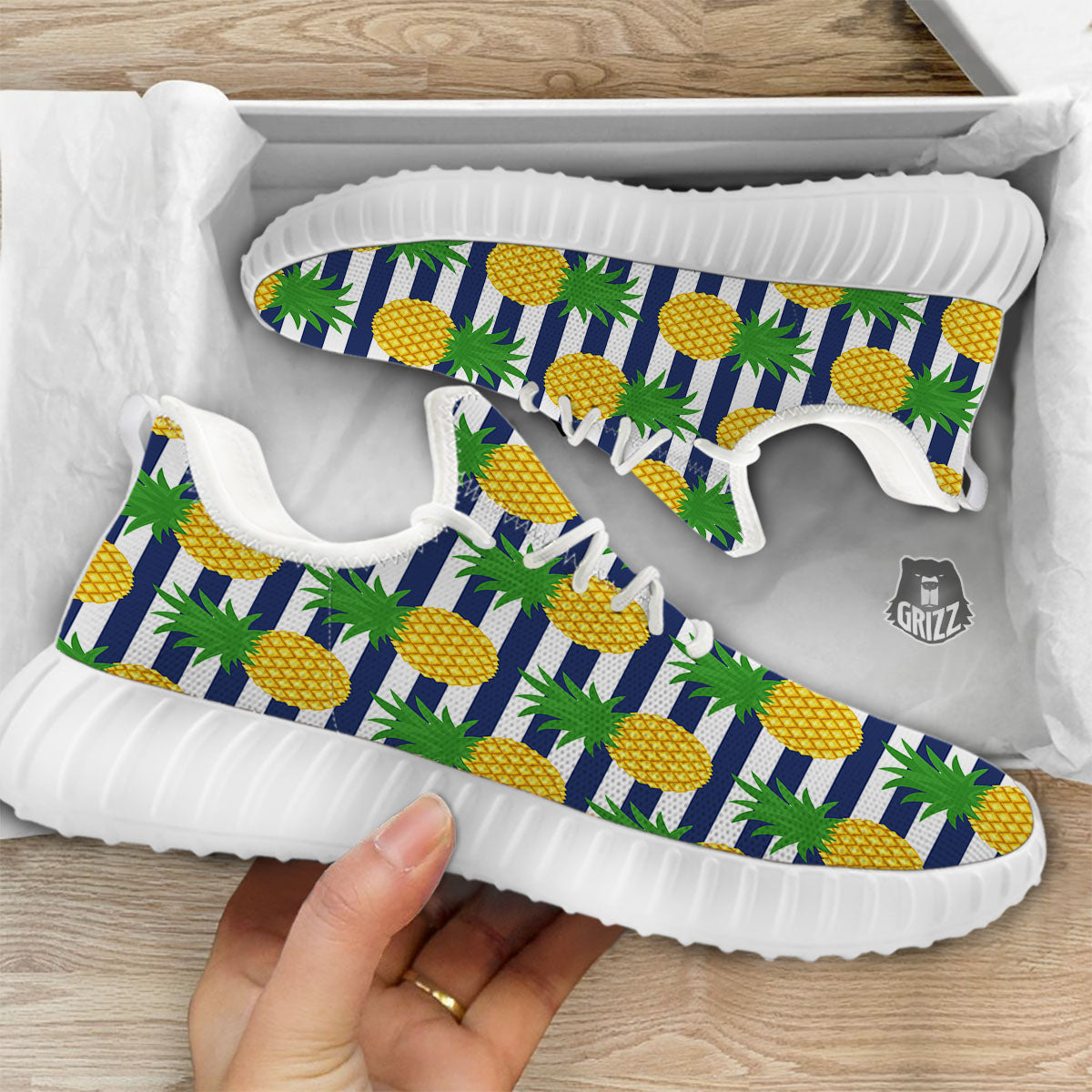 Striped Pineapple Print Pattern White Walking Shoes-grizzshop