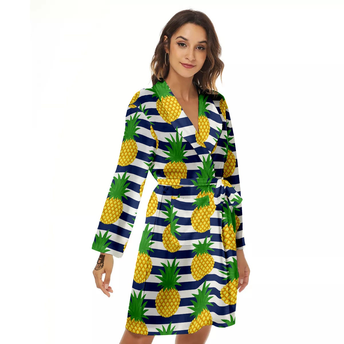 Striped Pineapple Print Pattern Women's Robe-grizzshop
