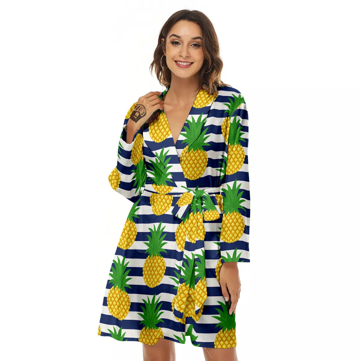 Striped Pineapple Print Pattern Women's Robe-grizzshop