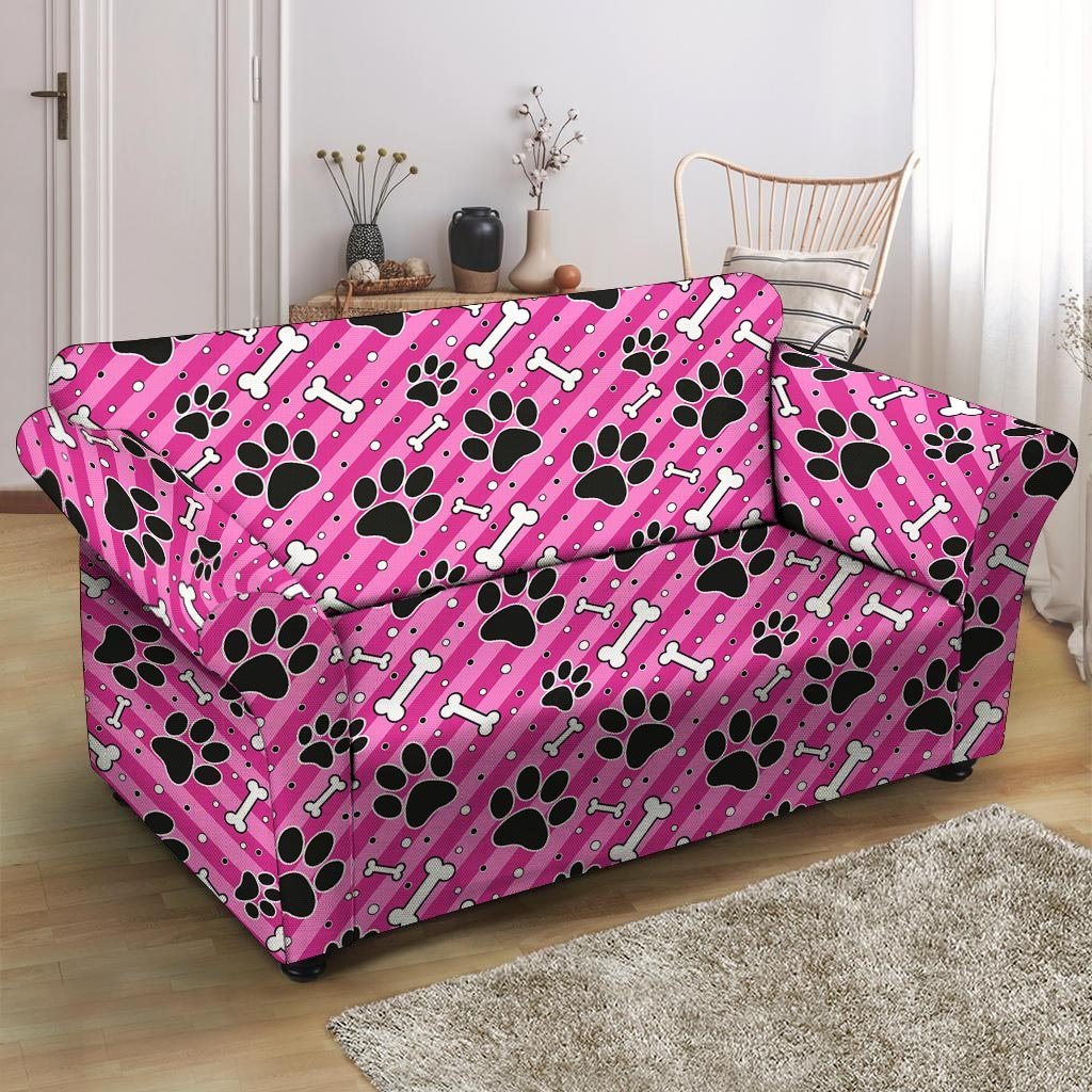 Striped Pink Paw Loveseat Cover-grizzshop