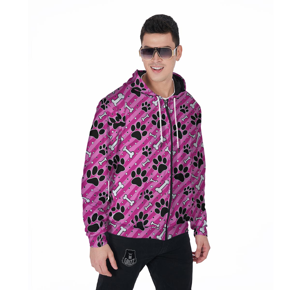 Striped Pink Paw Men's Zip Up Hoodie-grizzshop