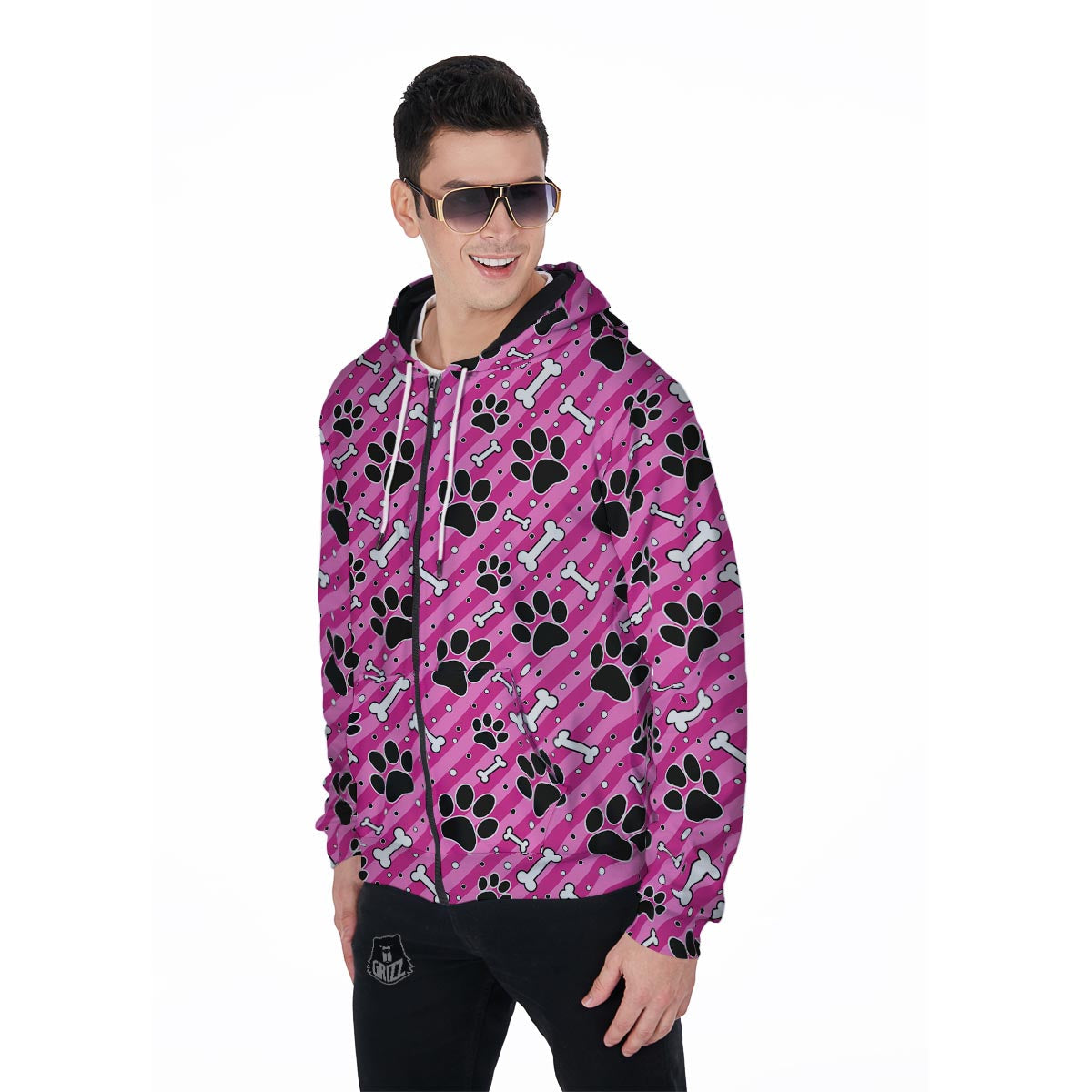 Striped Pink Paw Men's Zip Up Hoodie-grizzshop