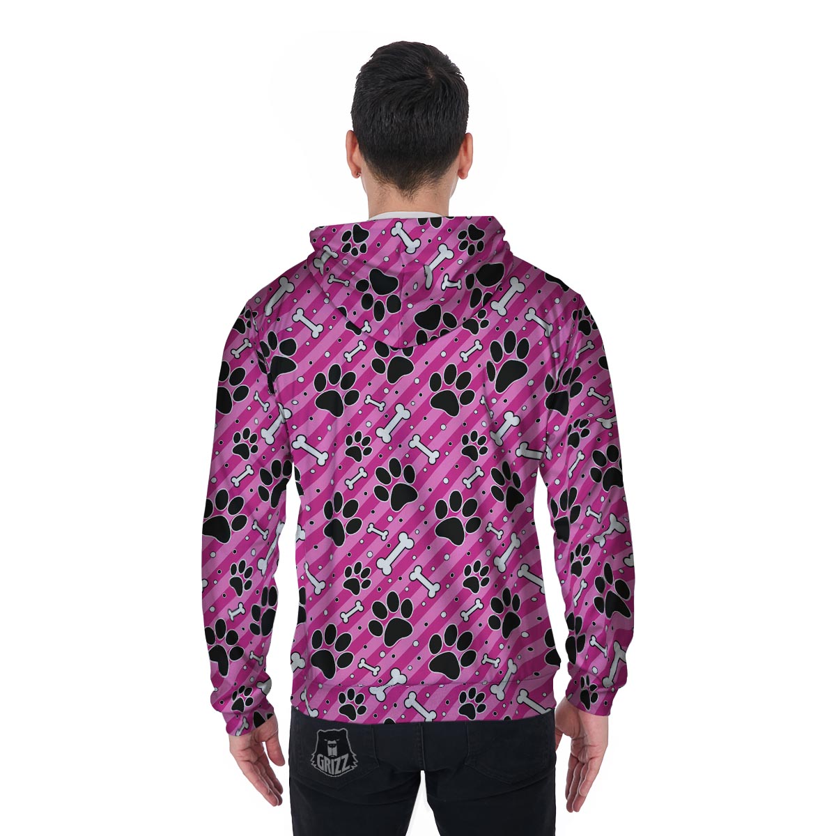 Striped Pink Paw Men's Zip Up Hoodie-grizzshop
