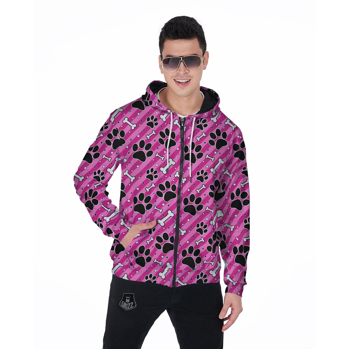 Striped Pink Paw Men's Zip Up Hoodie-grizzshop