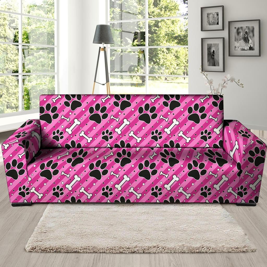 Striped Pink Paw Sofa Cover-grizzshop