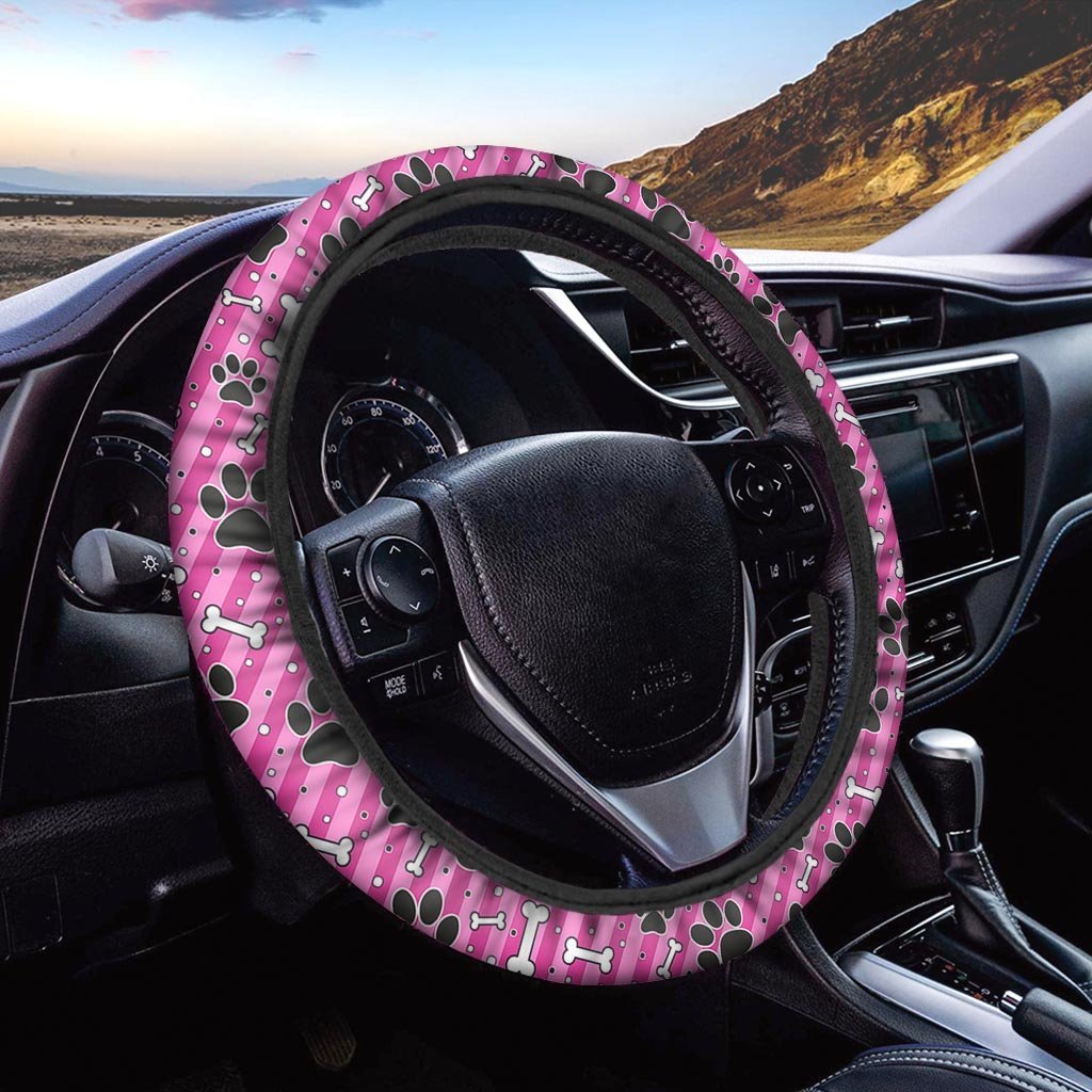 Striped Pink Paw Steering Wheel Cover-grizzshop