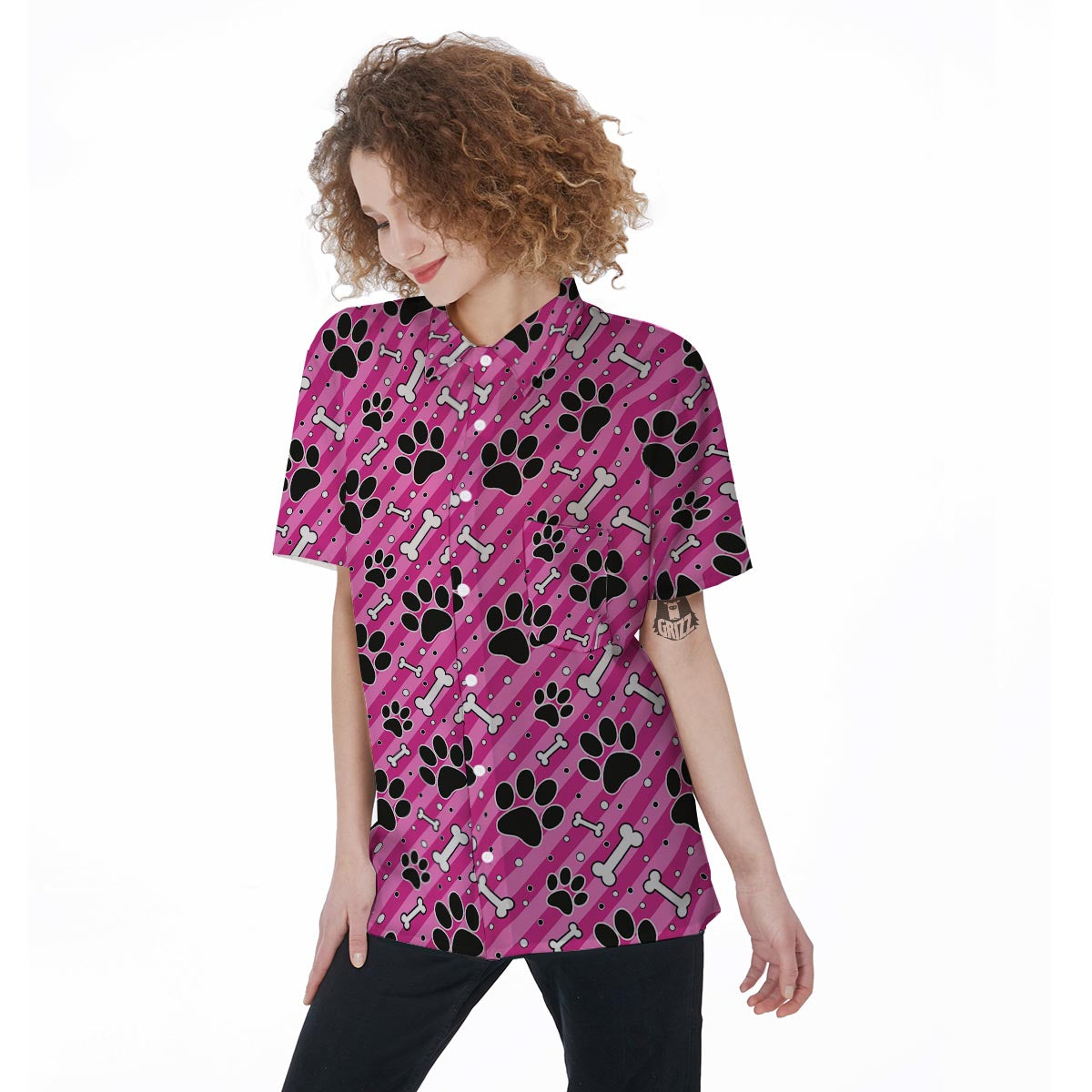 Striped Pink Paw Women's Short Sleeve Shirts-grizzshop