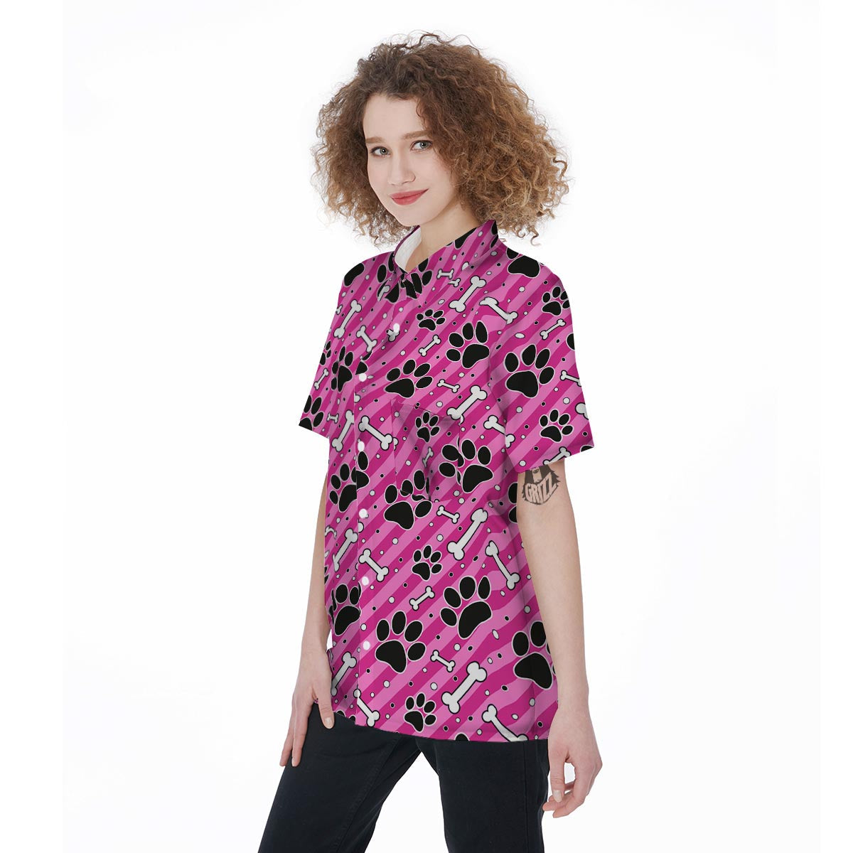 Striped Pink Paw Women's Short Sleeve Shirts-grizzshop