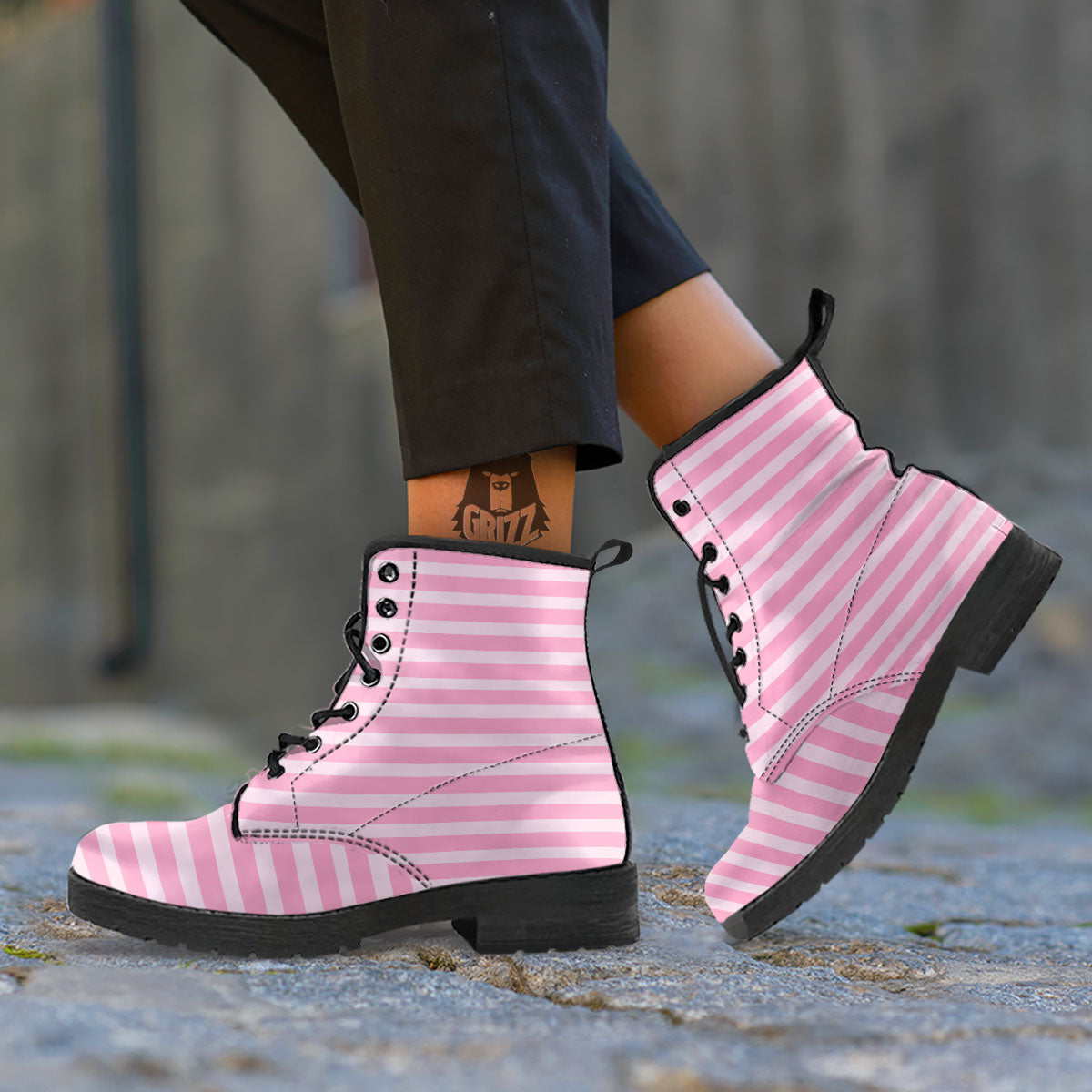 Striped Pink Print Pattern Leather Boots-grizzshop