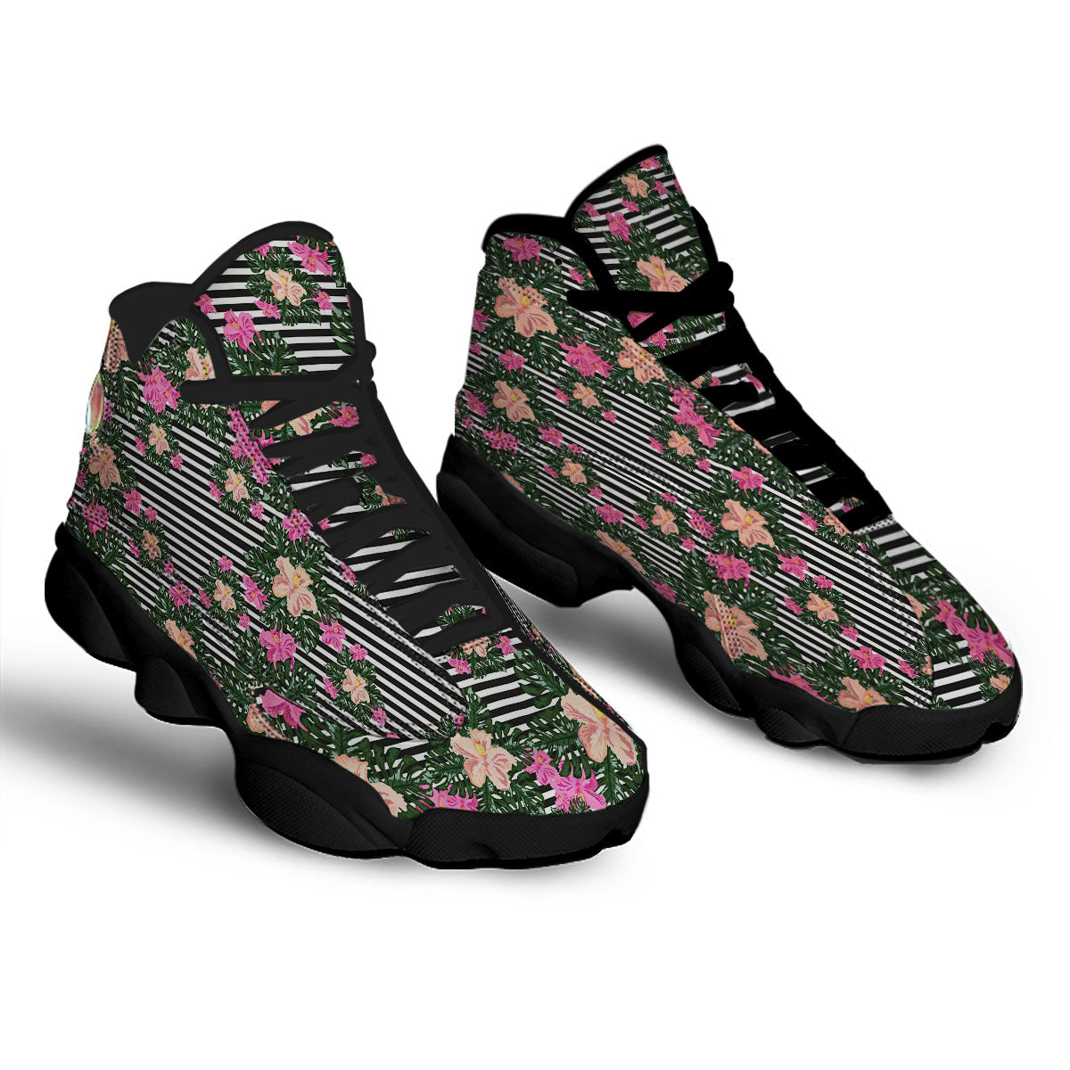 Striped Plumeria Flower Print Pattern Black Basketball Shoes-grizzshop