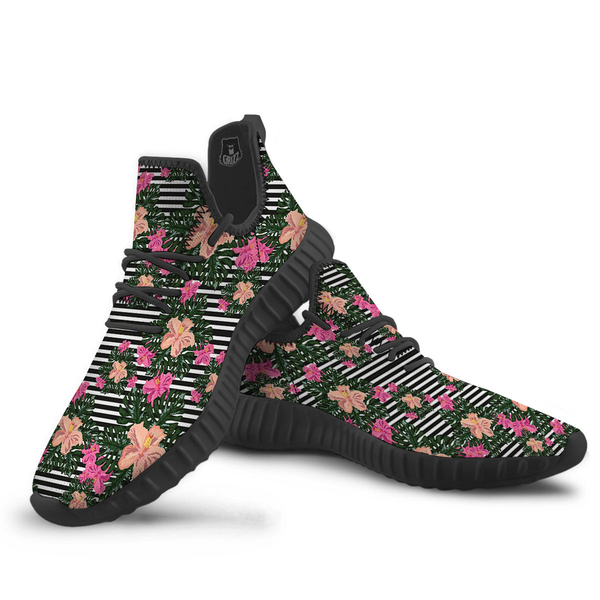 Striped Plumeria Flower Print Pattern Black Walking Shoes-grizzshop