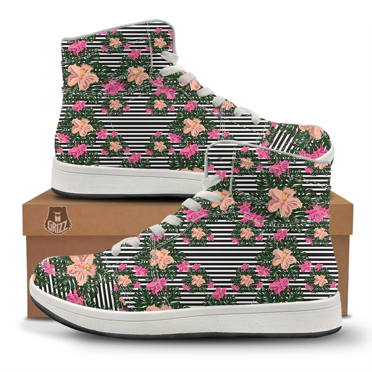 Striped Plumeria Flower Print Pattern High Top Sneakers-grizzshop