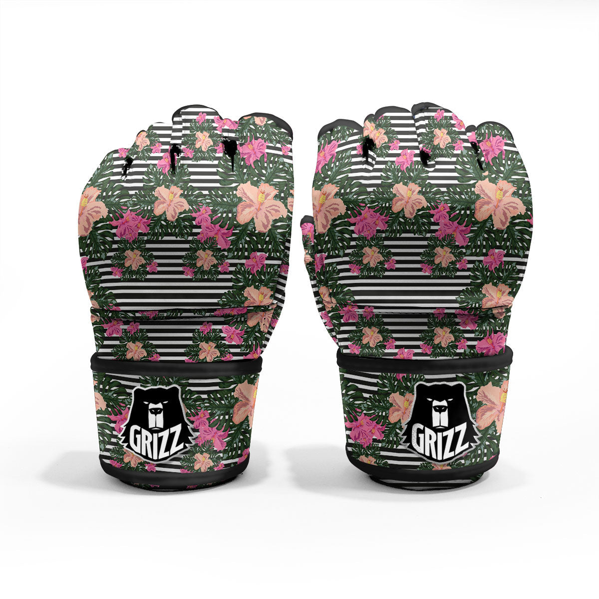 Striped Plumeria Flower Print Pattern MMA Gloves-grizzshop