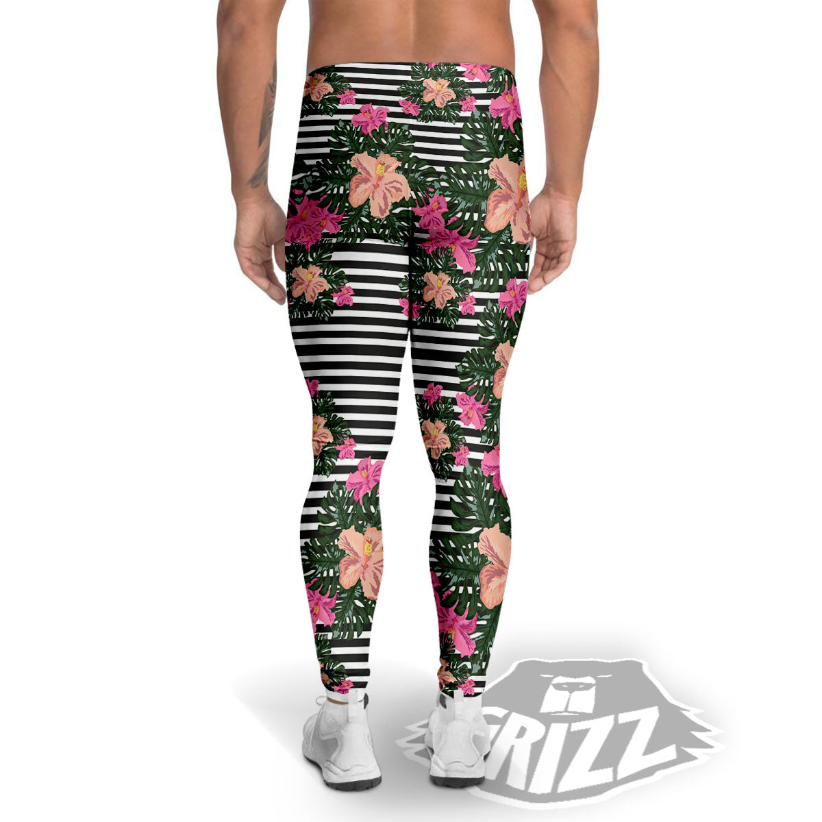 Striped Plumeria Flower Print Pattern Men's Leggings-grizzshop