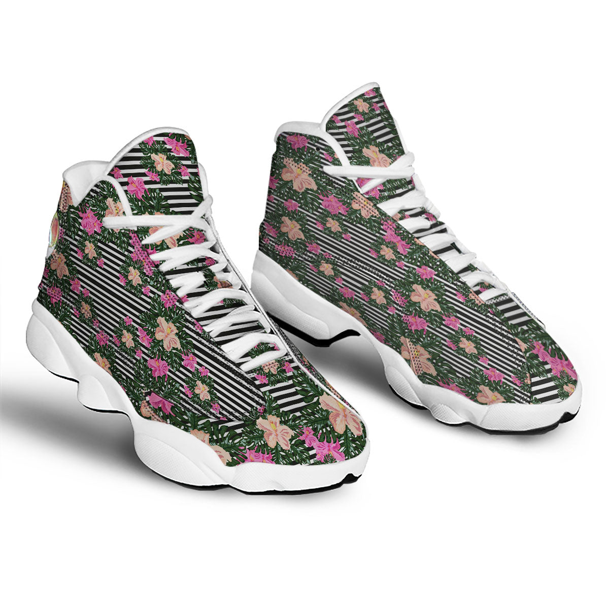 Striped Plumeria Flower Print Pattern White Basketball Shoes-grizzshop