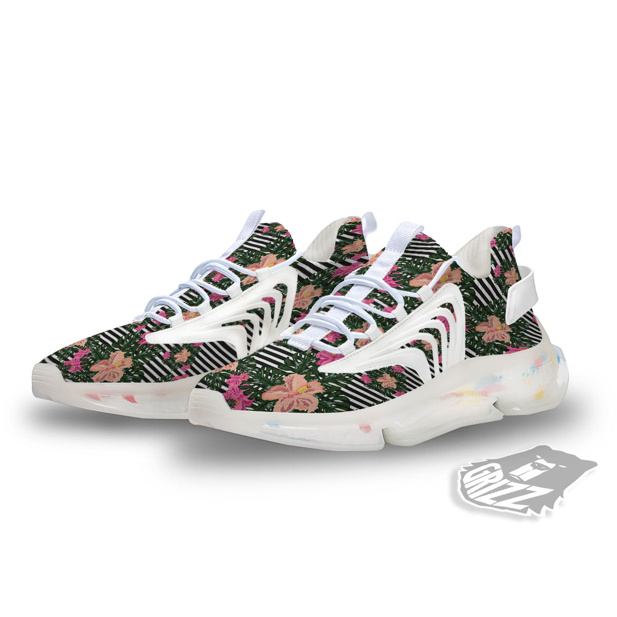 Striped Plumeria Flower Print Pattern White Gym Shoes-grizzshop