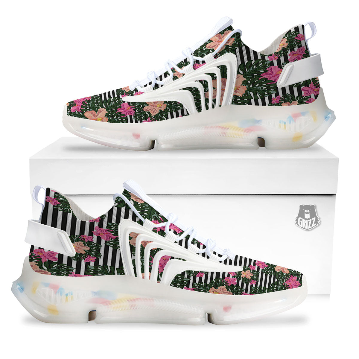 Striped Plumeria Flower Print Pattern White Gym Shoes-grizzshop