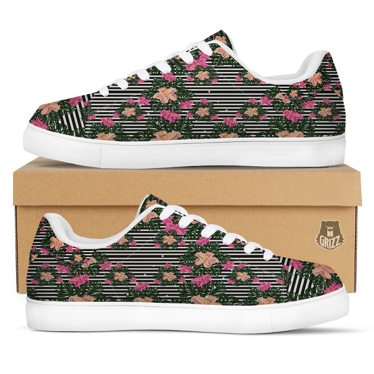 Striped Plumeria Flower Print Pattern White Low Top Sneakers-grizzshop