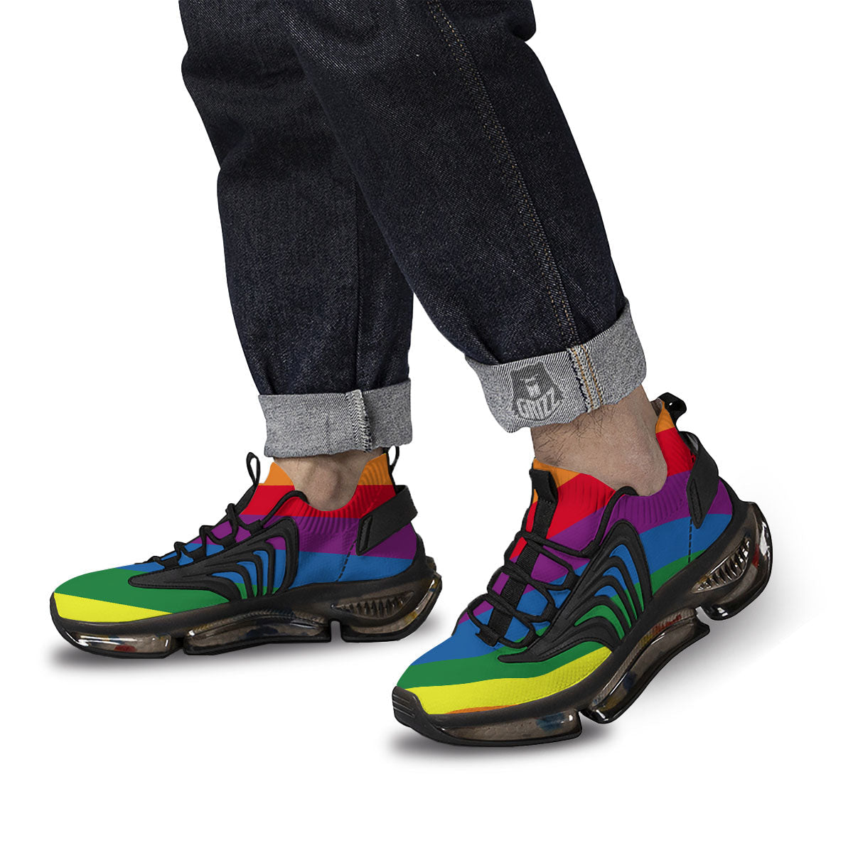 Striped Rainbow Diagonal Print Pattern Black Gym Shoes-grizzshop