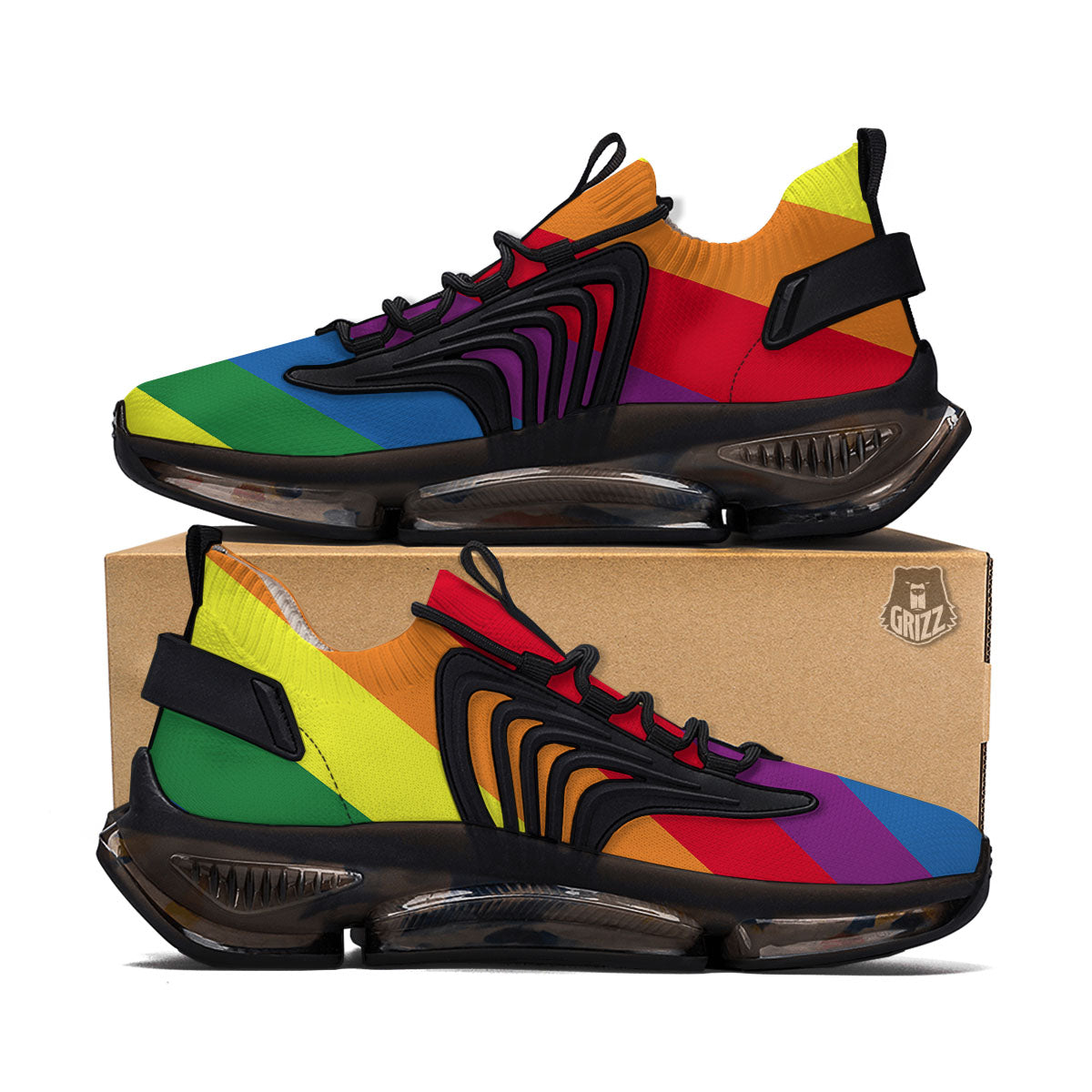 Striped Rainbow Diagonal Print Pattern Black Gym Shoes-grizzshop
