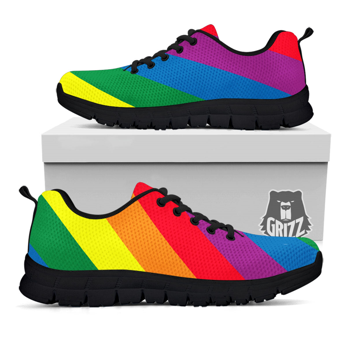 Striped Rainbow Diagonal Print Pattern Black Sneaker-grizzshop