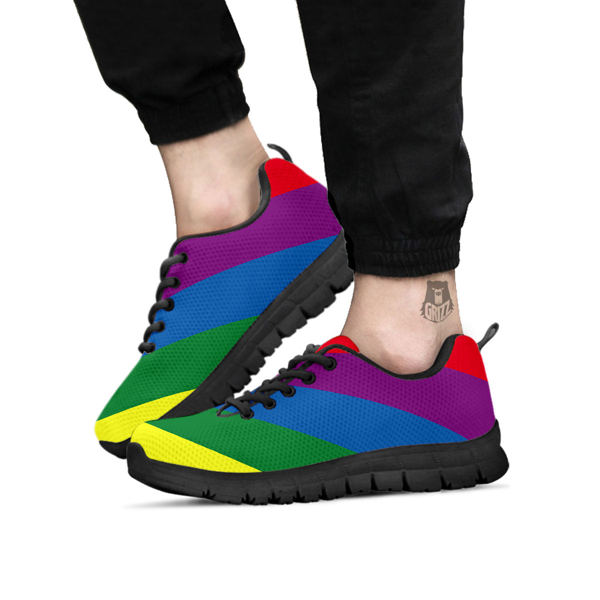 Striped Rainbow Diagonal Print Pattern Black Sneaker-grizzshop