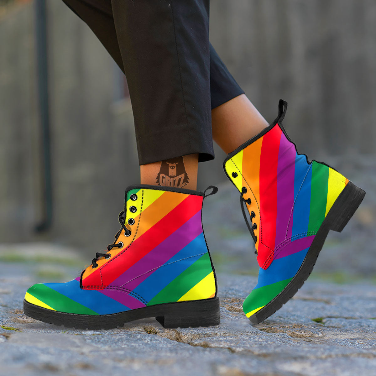 Striped Rainbow Diagonal Print Pattern Leather Boots-grizzshop