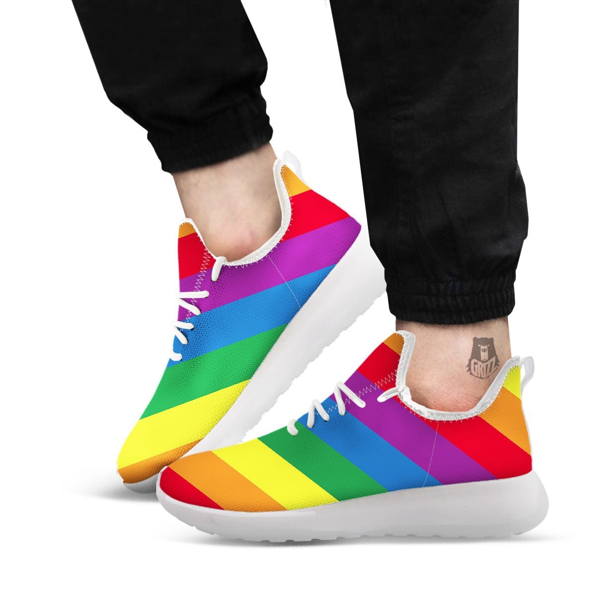 Striped Rainbow Diagonal Print Pattern White Athletic Shoes-grizzshop