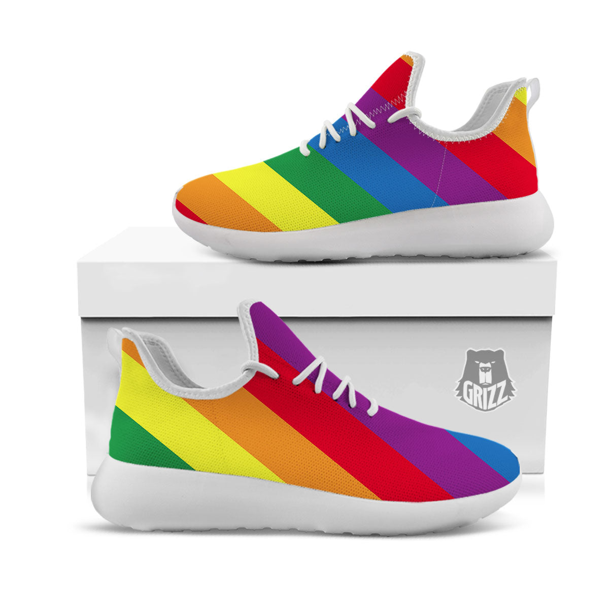 Striped Rainbow Diagonal Print Pattern White Athletic Shoes-grizzshop